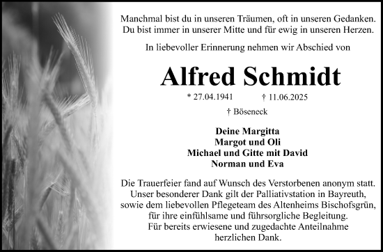Anzeige von Alfred Schmidt von Nordbayerischer Kurier