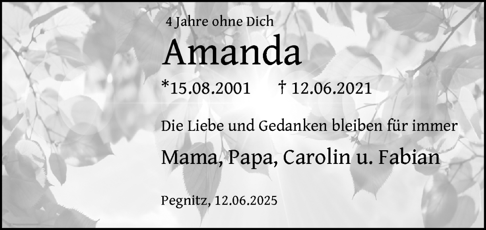  Traueranzeige für Amanda Scholz vom 12.06.2025 aus Nordbayerischer Kurier