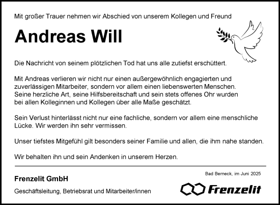 Anzeige von Andreas Will von Nordbayerischer Kurier