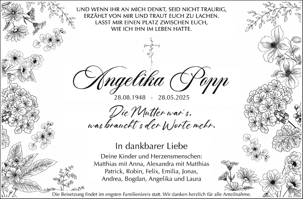  Traueranzeige für Angelika Popp vom 14.06.2025 aus Nordbayerischer Kurier