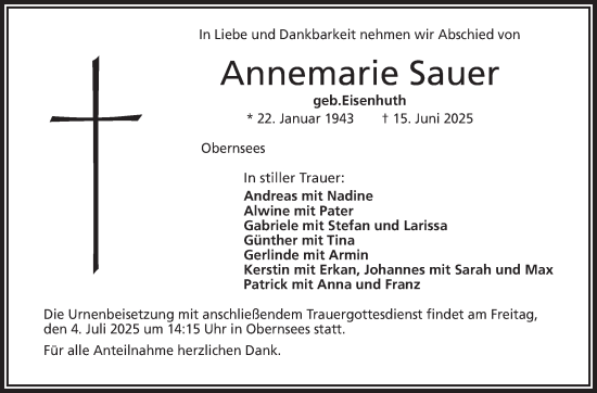 Anzeige von Annemarie Sauer von Nordbayerischer Kurier