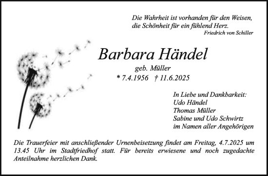 Anzeige von Barbara Händel von Nordbayerischer Kurier