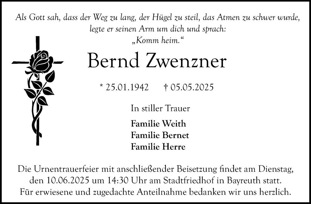  Traueranzeige für Bernd Zwenzner vom 07.06.2025 aus Nordbayerischer Kurier