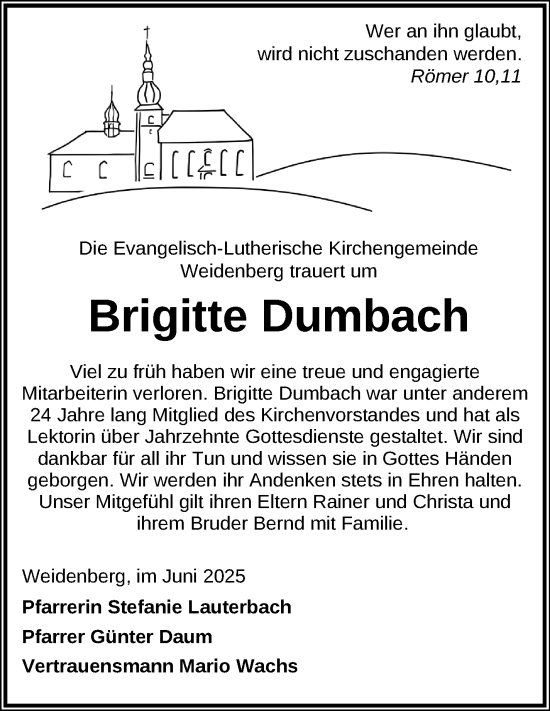 Anzeige von Brigitte Dumbach von Nordbayerischer Kurier