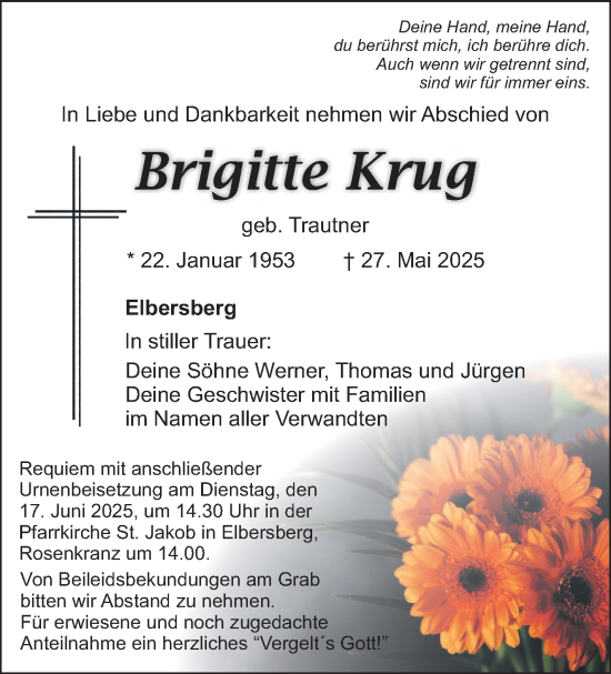 Anzeige von Brigitte Krug von Nordbayerischer Kurier