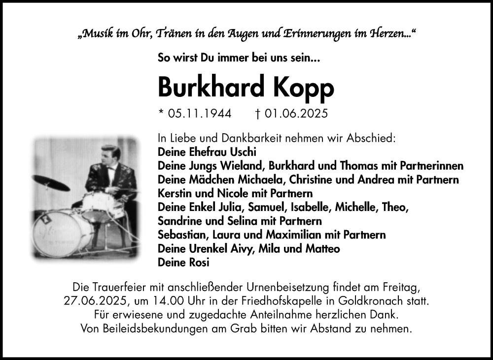  Traueranzeige für Burkhard Kopp vom 21.06.2025 aus Nordbayerischer Kurier