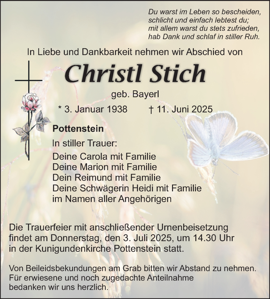  Traueranzeige für Christl Stich vom 28.06.2025 aus Nordbayerischer Kurier