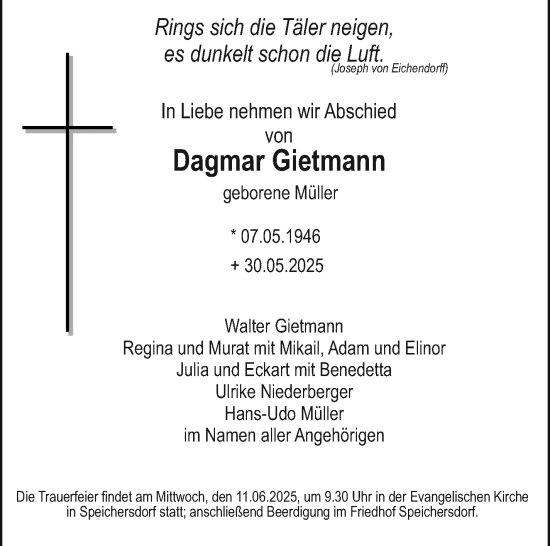 Anzeige von Dagmar Gietmann von Nordbayerischer Kurier
