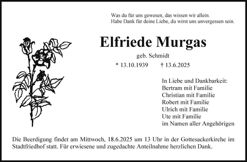  Traueranzeige für Elfriede Murgas vom 14.06.2025 aus Nordbayerischer Kurier