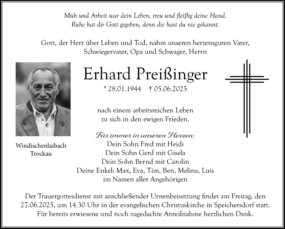  Traueranzeige für Erhard Preißinger vom 25.06.2025 aus Nordbayerischer Kurier