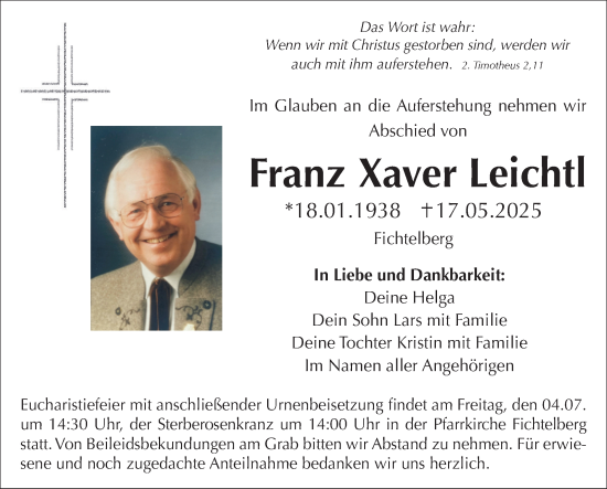 Anzeige von Franz Xaver Leichtl von Nordbayerischer Kurier