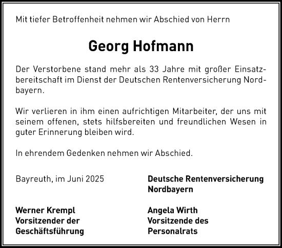 Anzeige von Georg Hofmann von Nordbayerischer Kurier