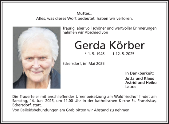 Anzeige von Gerda Körber von Nordbayerischer Kurier