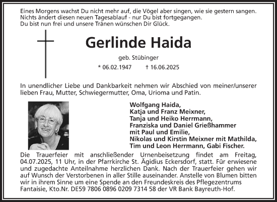 Anzeige von Gerlinde Haida von Nordbayerischer Kurier