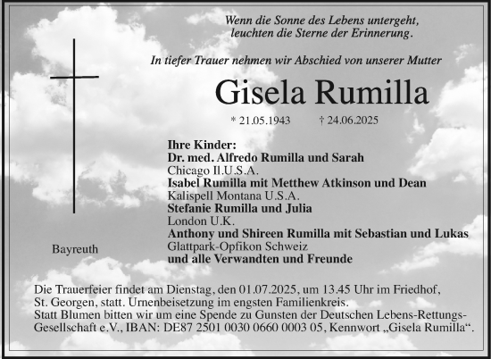 Anzeige von Gisela Rumilla von Nordbayerischer Kurier
