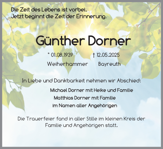 Anzeige von Günther Dorner von Nordbayerischer Kurier
