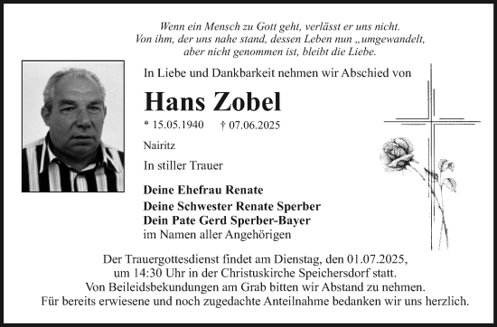 Anzeige von Hans Zobel von Nordbayerischer Kurier