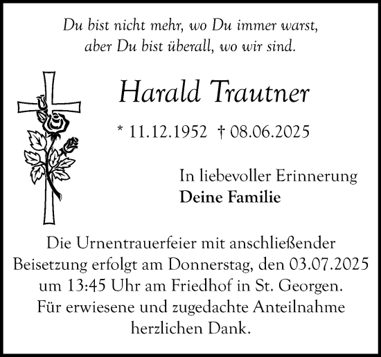 Anzeige von Harald Trautner von Nordbayerischer Kurier