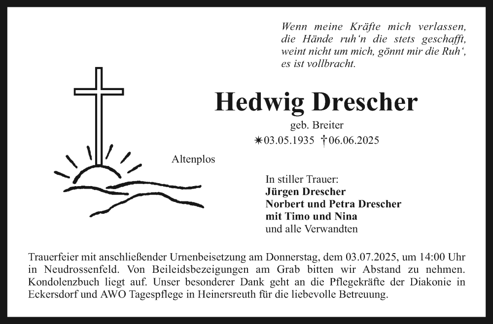  Traueranzeige für Hedwig Drescher vom 28.06.2025 aus Nordbayerischer Kurier