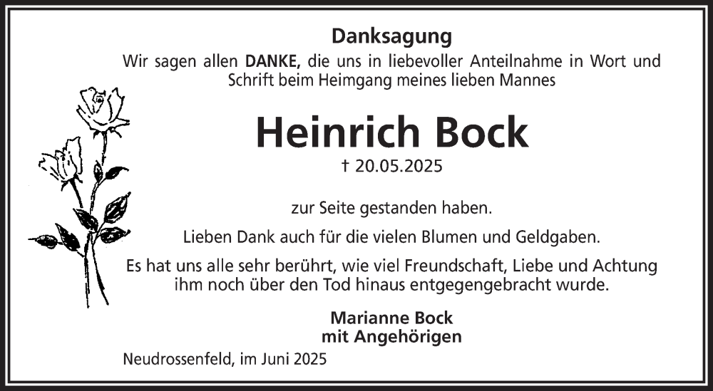  Traueranzeige für Heinrich Bock vom 14.06.2025 aus Nordbayerischer Kurier