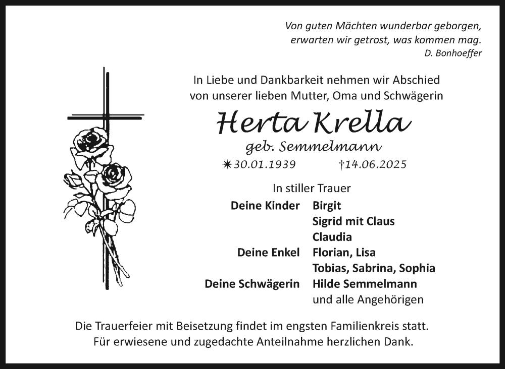  Traueranzeige für Herta Krella vom 21.06.2025 aus Nordbayerischer Kurier