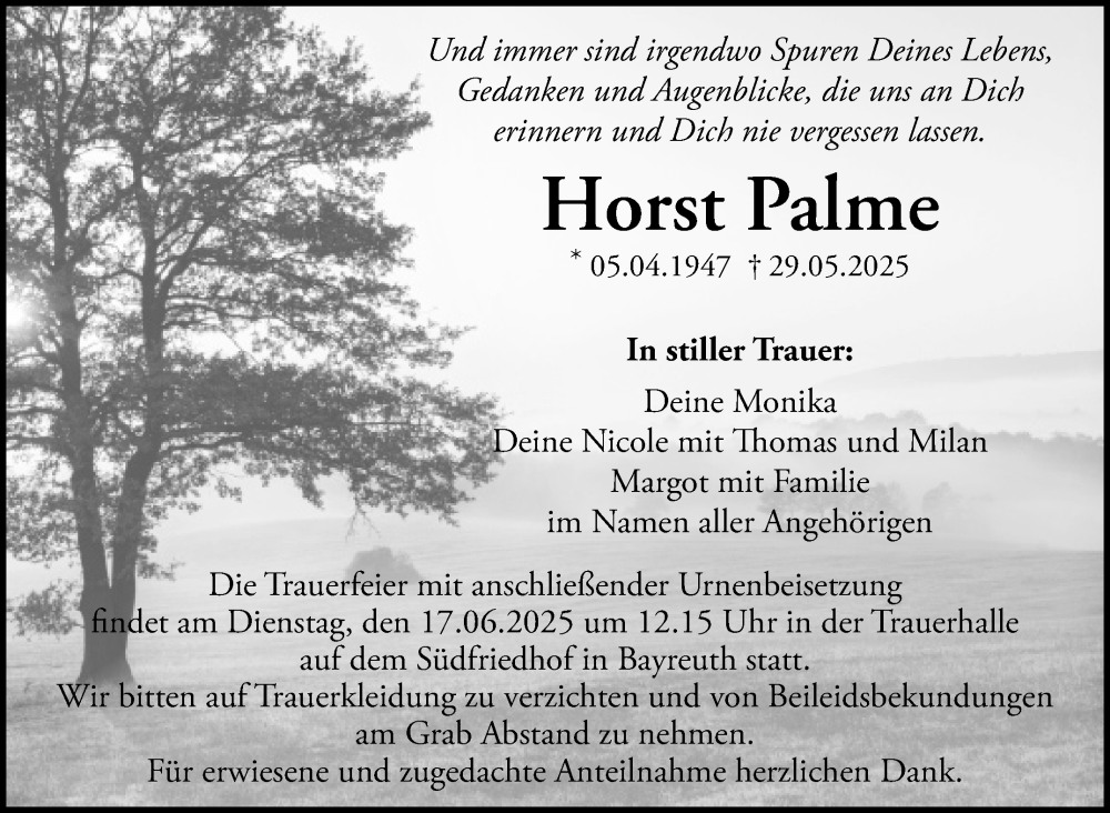  Traueranzeige für Horst Palme vom 14.06.2025 aus Nordbayerischer Kurier