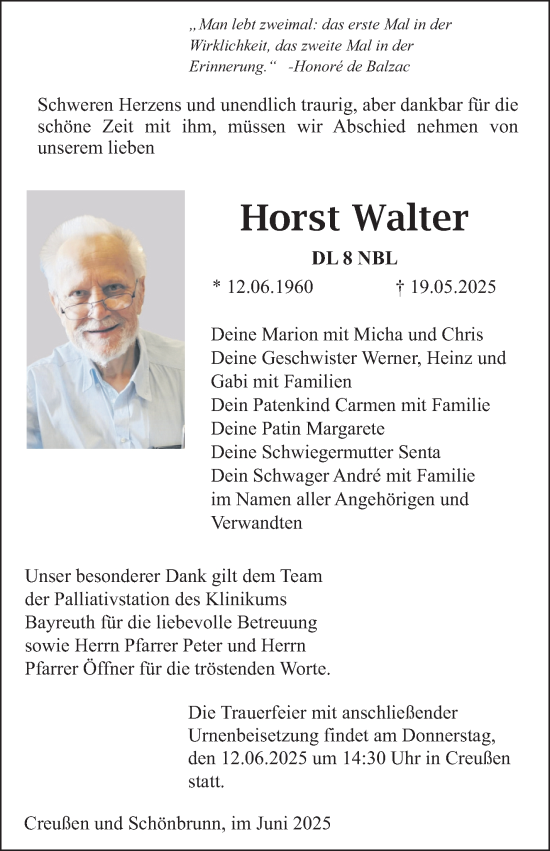 Anzeige von Horst Walter von Nordbayerischer Kurier