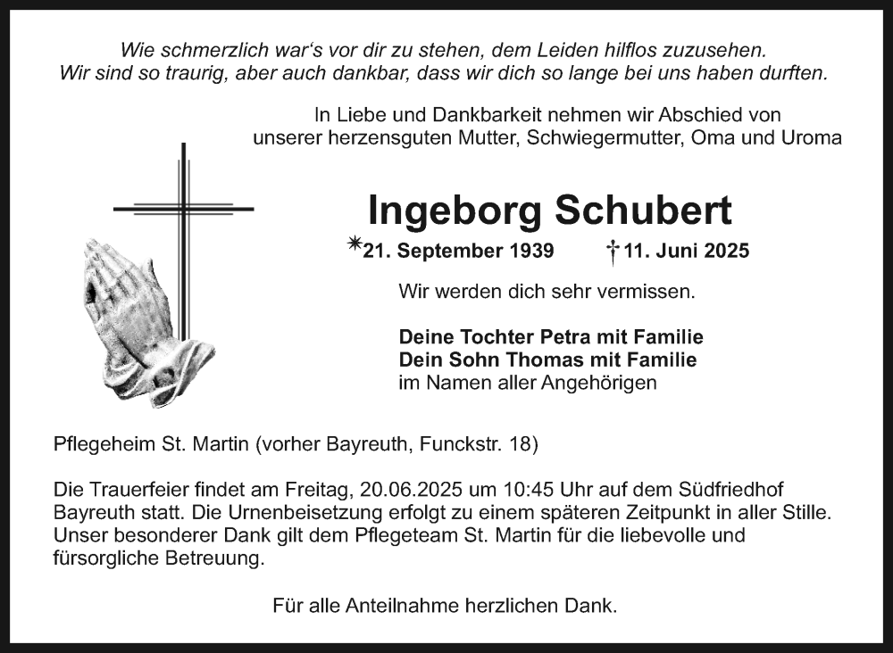  Traueranzeige für Ingeborg Schubert vom 17.06.2025 aus Nordbayerischer Kurier