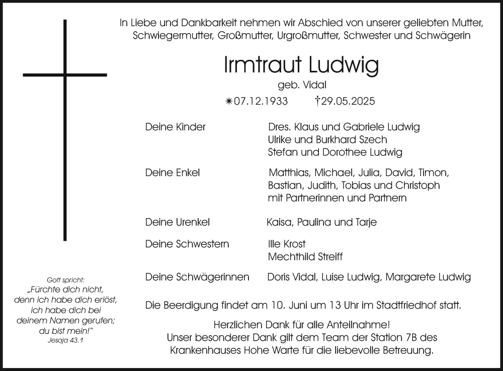  Traueranzeige für Irmtraut Ludwig vom 07.06.2025 aus Nordbayerischer Kurier