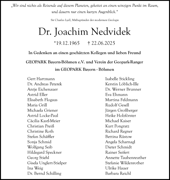 Anzeige von Joachim Nedvidek von Nordbayerischer Kurier