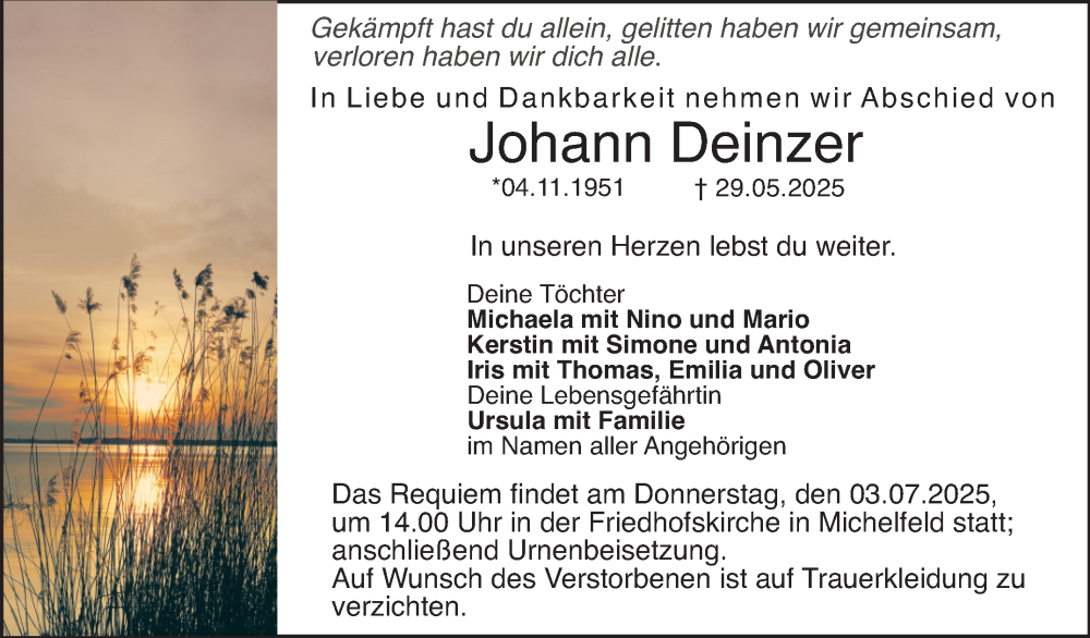  Traueranzeige für Johann Deinzer vom 28.06.2025 aus Nordbayerischer Kurier