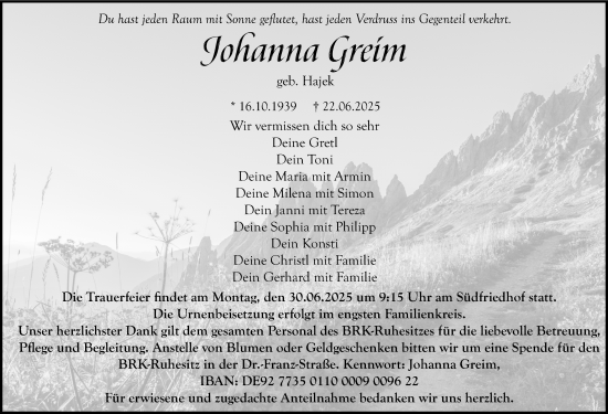 Anzeige von Johanna Greim von Nordbayerischer Kurier