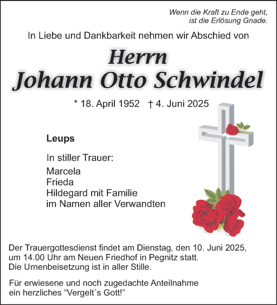 Anzeige von Johann Otto Schwindel von Nordbayerischer Kurier