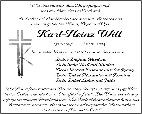 Anzeige von Karl-Heinz Will von Nordbayerischer Kurier