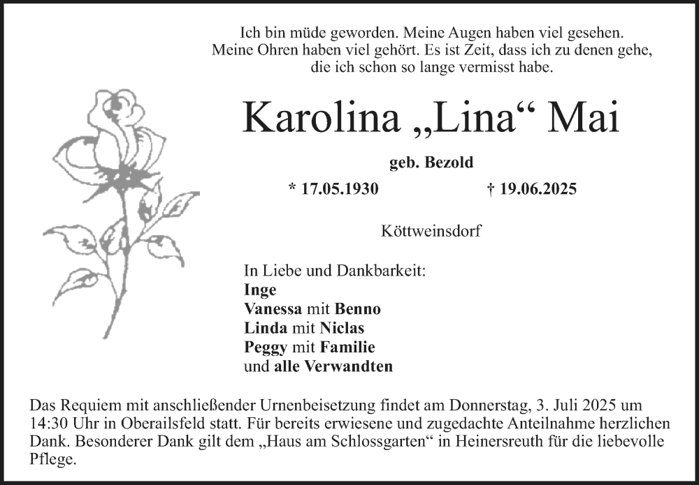  Traueranzeige für Karolina Mai vom 28.06.2025 aus Nordbayerischer Kurier