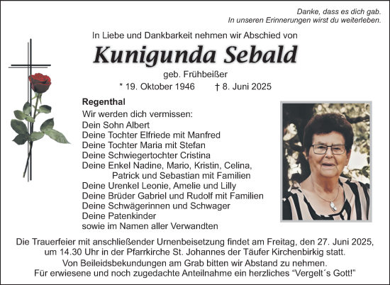 Anzeige von Kunigunda Sebald von Nordbayerischer Kurier