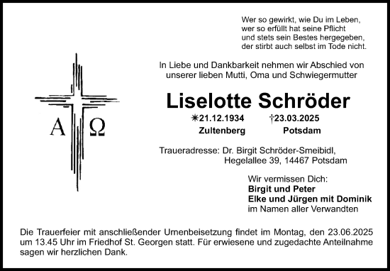 Anzeige von Liselotte Schröder von Nordbayerischer Kurier