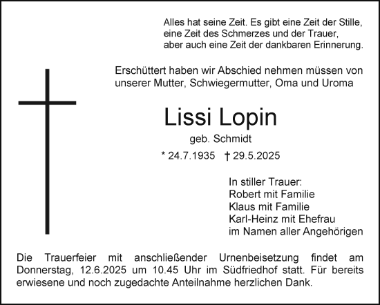 Anzeige von Lissi Lopin von Nordbayerischer Kurier
