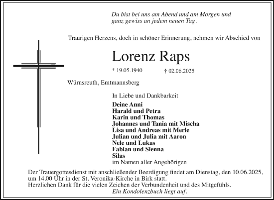 Anzeige von Lorenz Raps von Nordbayerischer Kurier