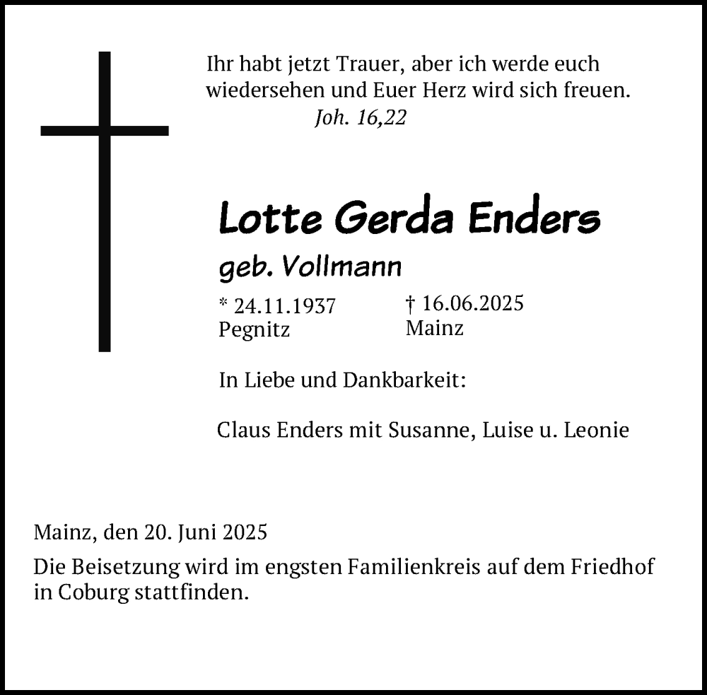  Traueranzeige für Lotte Gerda Enders vom 20.06.2025 aus Nordbayerischer Kurier