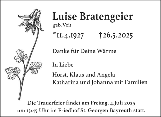 Anzeige von Luise Bratengeier von Nordbayerischer Kurier