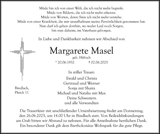 Anzeige von Margarete Masel von Nordbayerischer Kurier