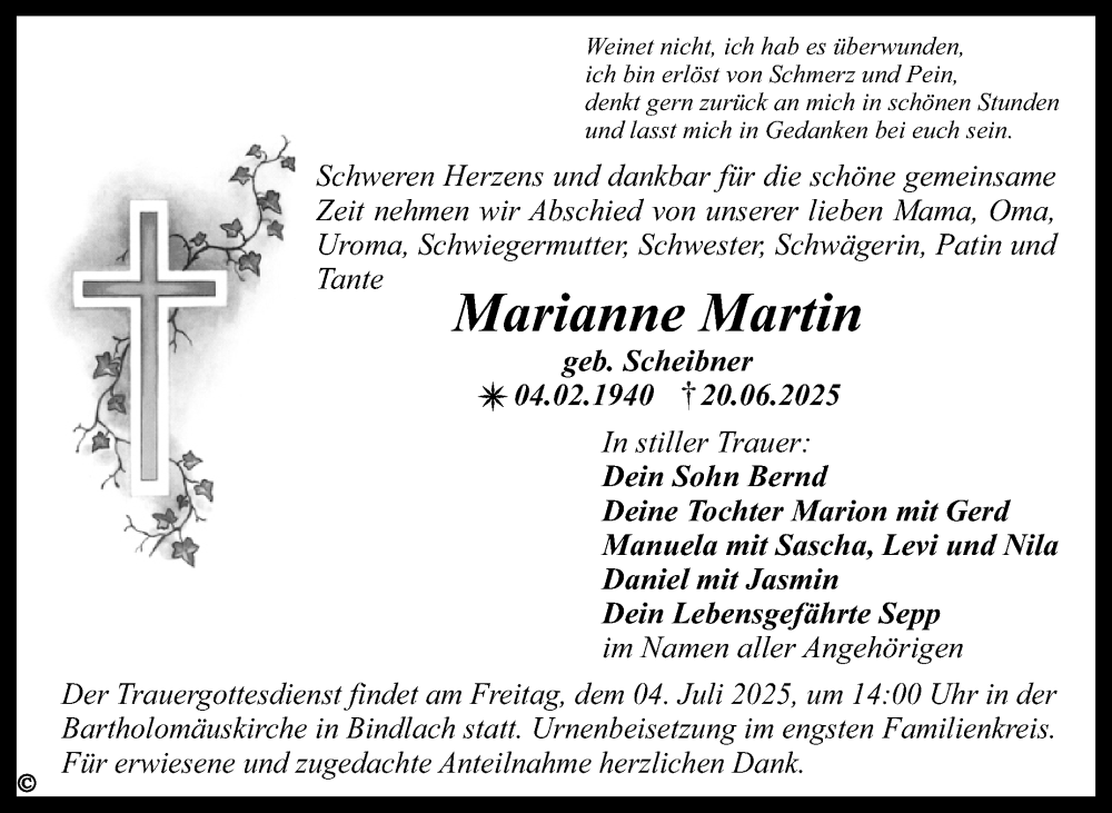  Traueranzeige für Marianne Martin vom 28.06.2025 aus Nordbayerischer Kurier