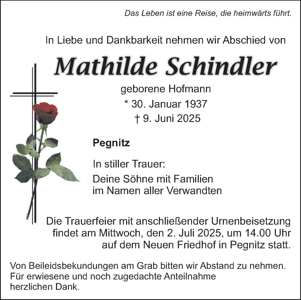  Traueranzeige für Mathilde Schindler vom 28.06.2025 aus Nordbayerischer Kurier
