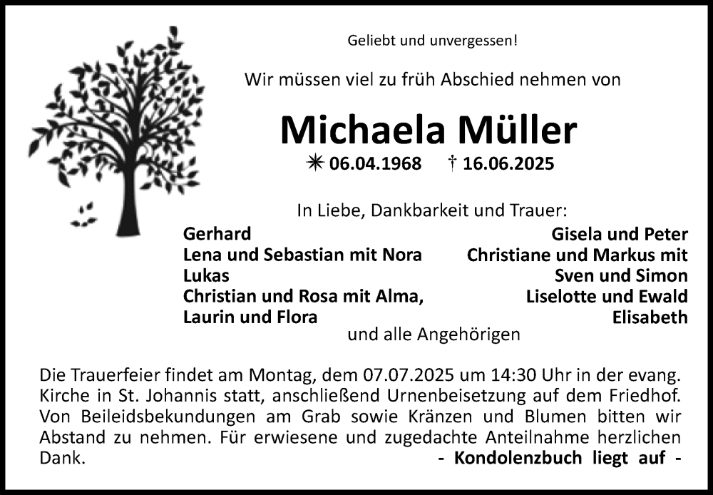  Traueranzeige für Michaela Müller vom 28.06.2025 aus Nordbayerischer Kurier