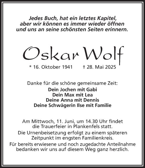 Anzeige von Oskar Wolf von Nordbayerischer Kurier