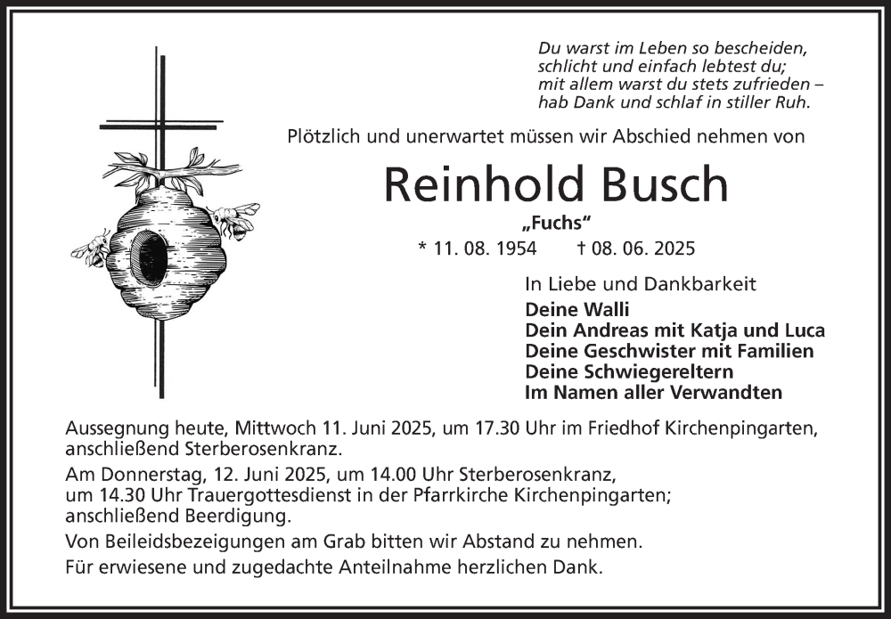  Traueranzeige für Reinhold Busch vom 11.06.2025 aus Nordbayerischer Kurier