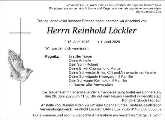 Anzeige von Reinhold Löckler von Nordbayerischer Kurier