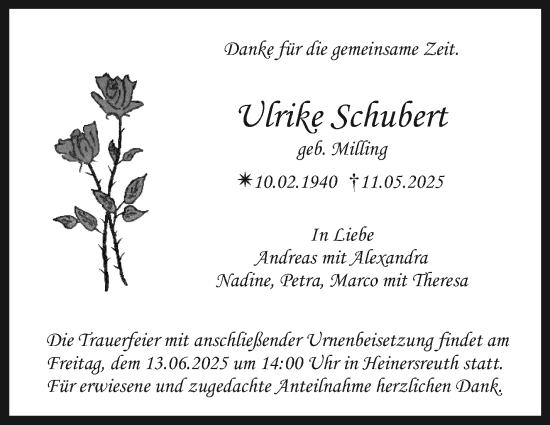 Anzeige von Ulrike Schubert von Nordbayerischer Kurier