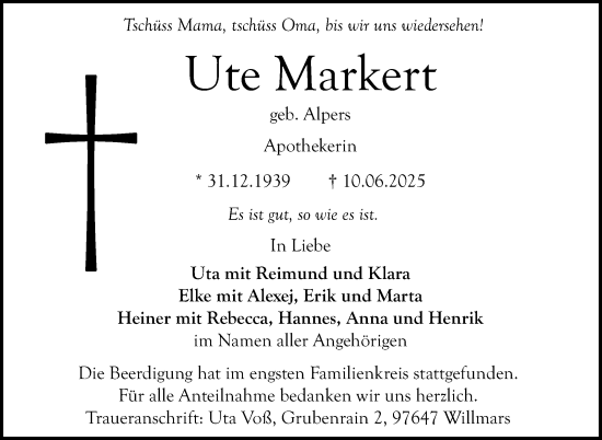 Anzeige von Ute Markert von Nordbayerischer Kurier